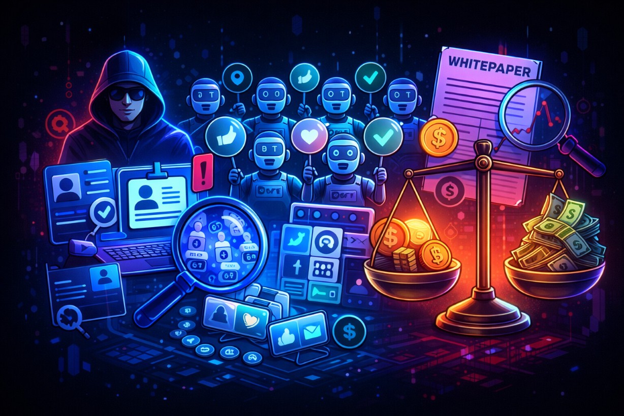 Crypto social audit illustration showing a reviewer analyzing team identity signals, bot-driven engagement, and tokenomics and market risk indicators.