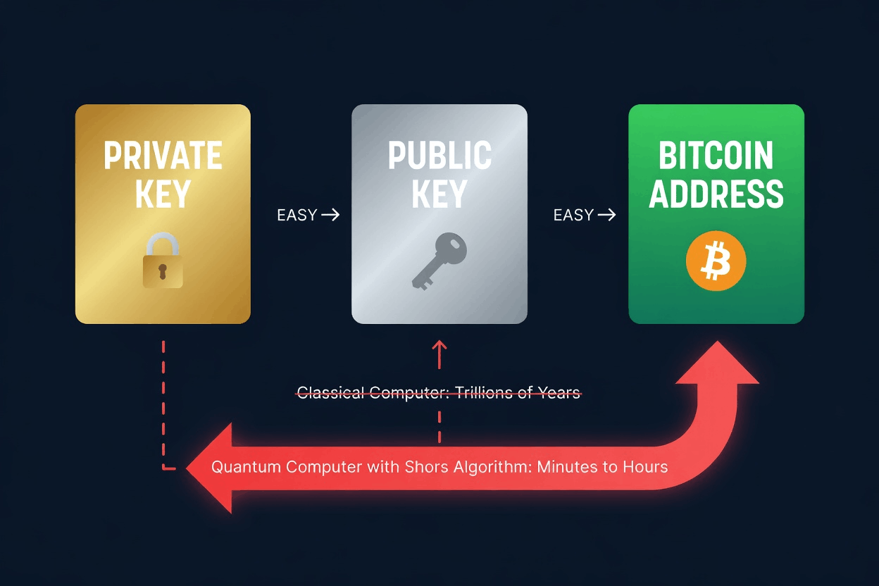 Diagram showing how quantum computing could reverse the one-way function protecting Bitcoin private keys