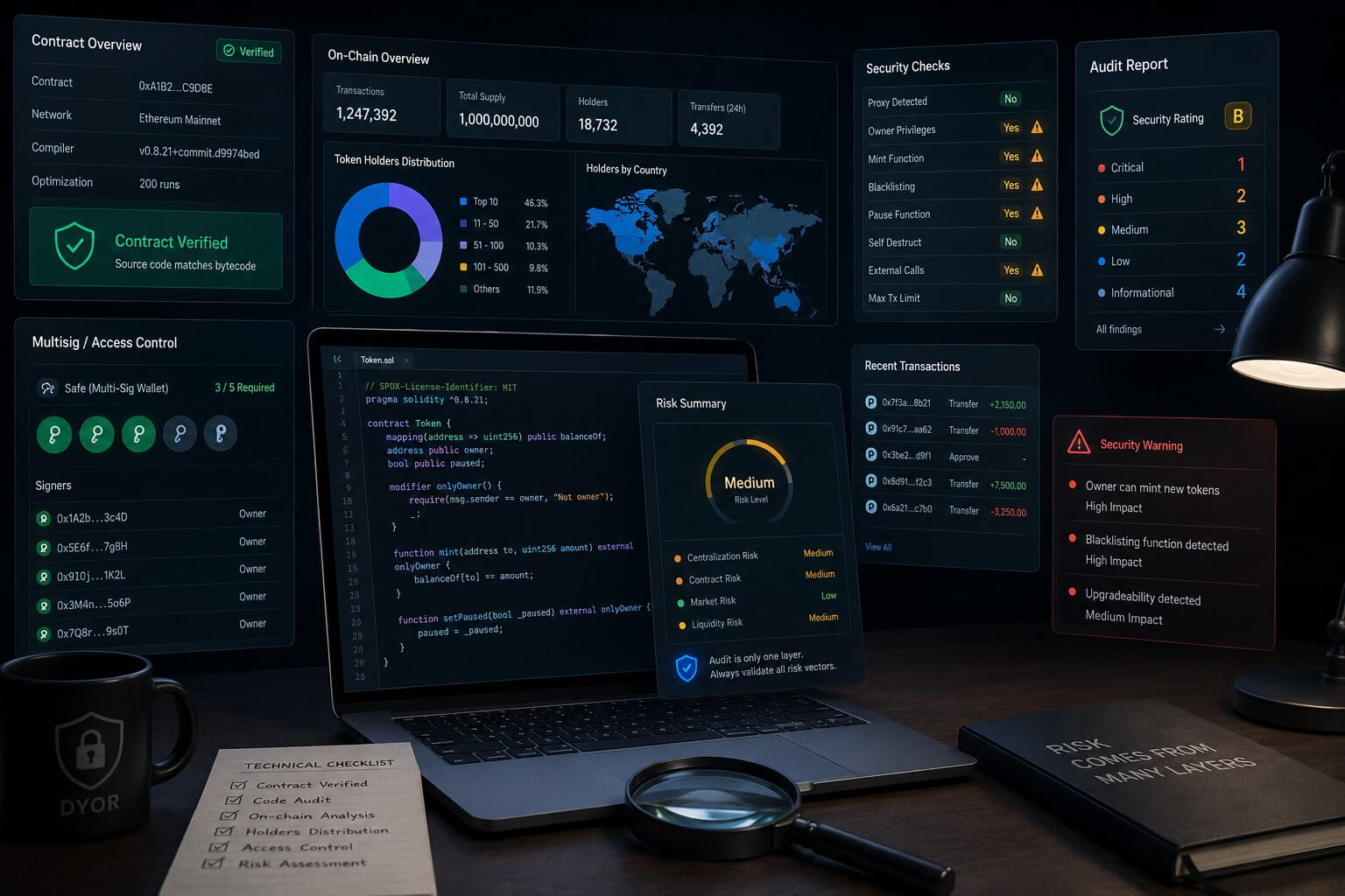 A technical due diligence scene shows audit reports, contract verification, multisig controls, and wallet distribution analysis.