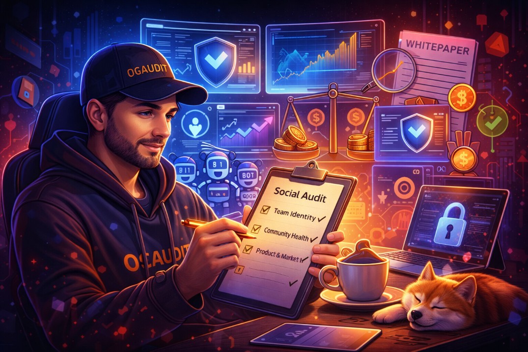  Illustration of an OGAudit auditor reviewing a checklist against three core pillars, team credibility, community health, and product market fit, to assess crypto project risk.