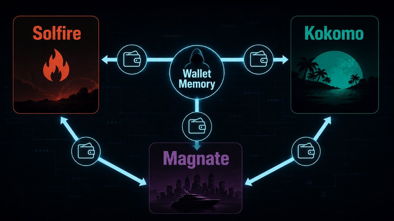 Simplified wallet-lineage map connecting Solfire, Kokomo, and Magnate through repeated operator history.