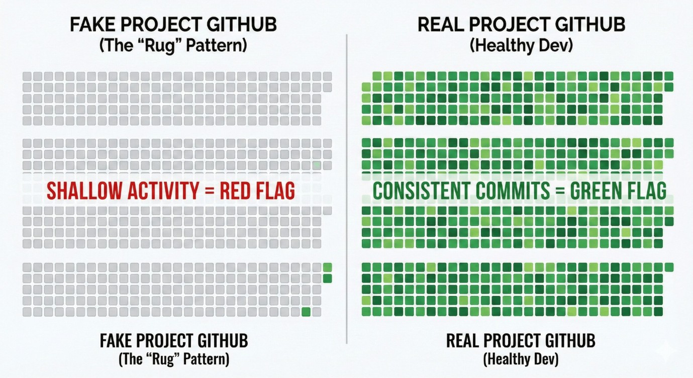 identifying organic github activity, repository commit history check, organic vs fake project