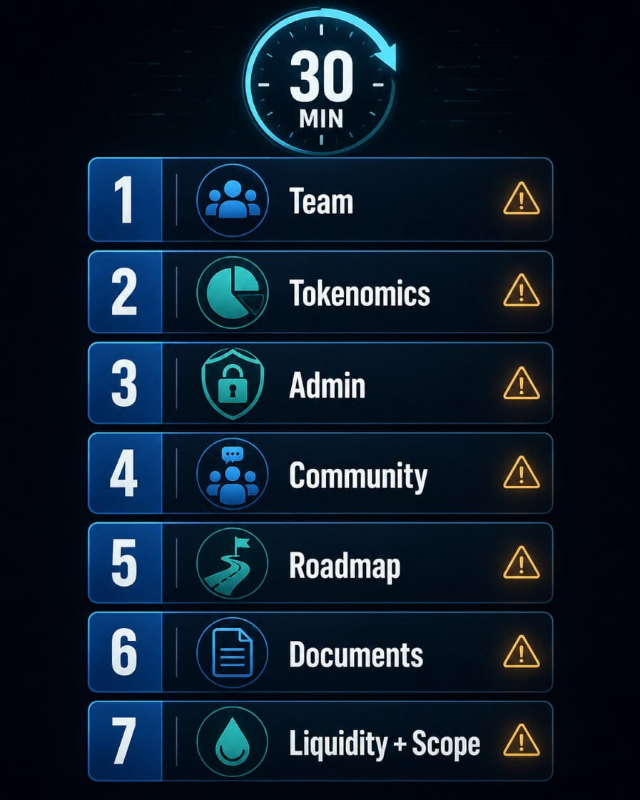 Seven-step, 30-minute crypto screening checklist covering team, tokenomics, admin control, community, roadmap, documents, liquidity, and audit scope.