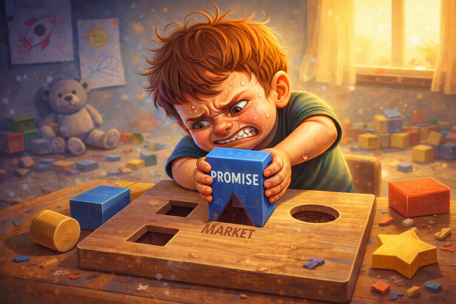 Child struggling to force a &ldquo;PROMISE&rdquo; block into a much smaller and incompatible &ldquo;MARKET&rdquo; puzzle hole, illustrating the gap between product claims and real market fit.