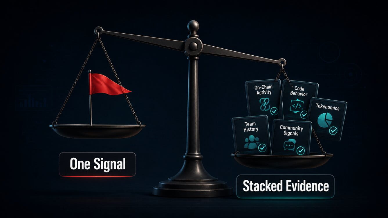 Risk-analysis scale showing that one red flag is not proof and several independent signals carry more weight.