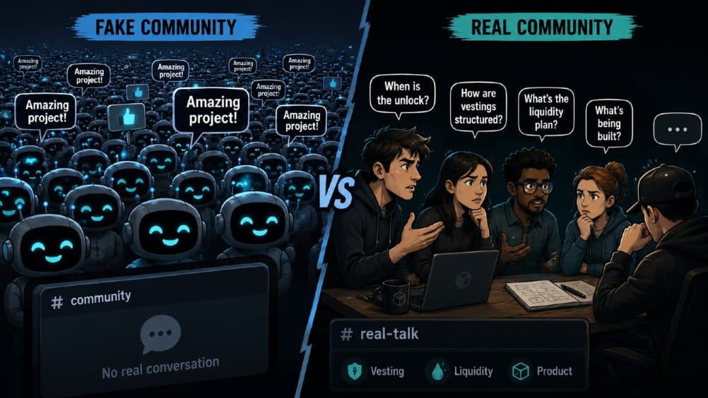Fake bot community repeating generic praise while real users ask specific questions about project risk.