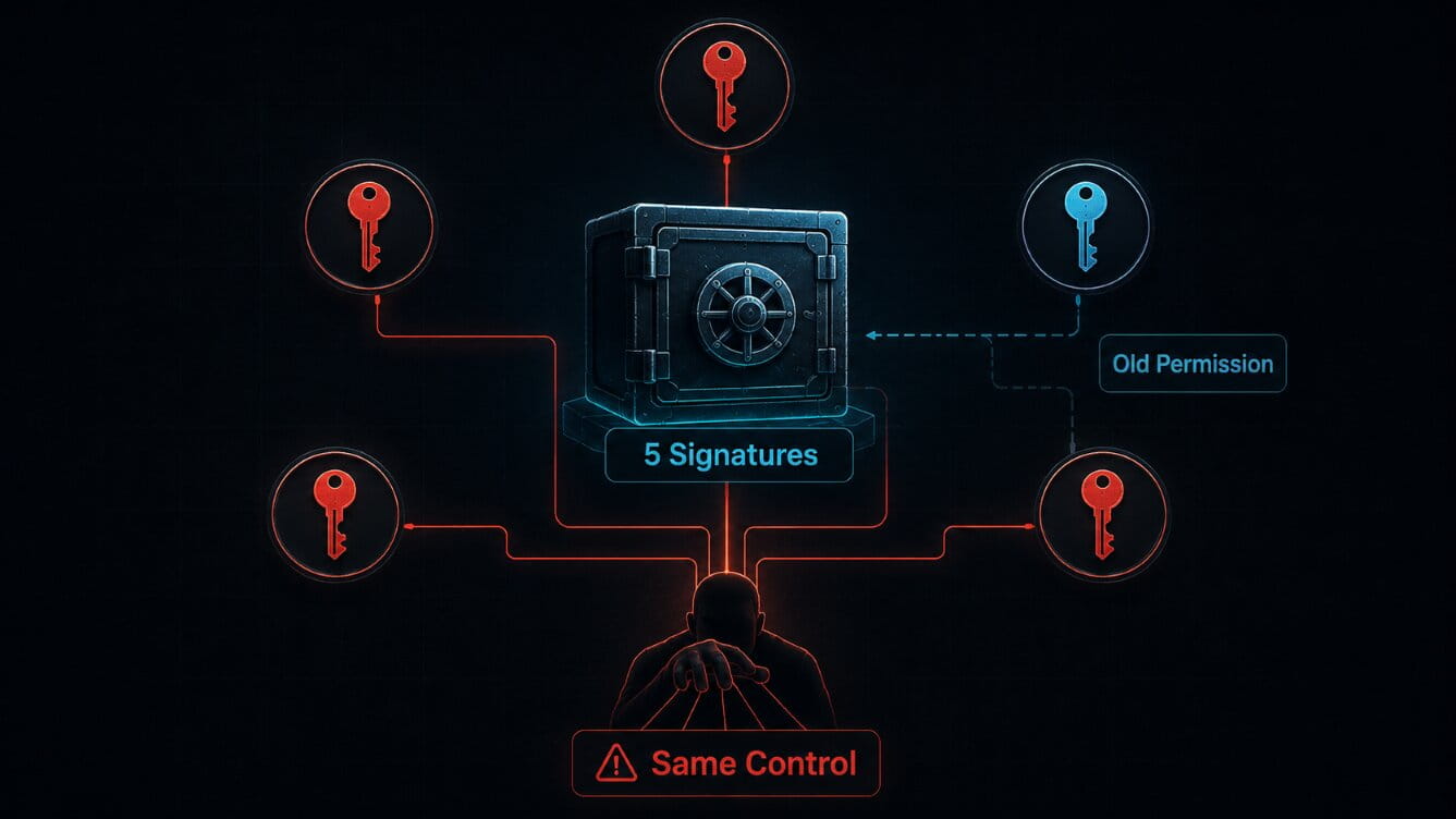 Multisig diagram showing several signer keys connected to the same operator and an old permission path.