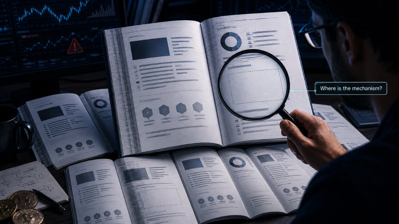 Researcher examining a glossy crypto whitepaper filled with copied generic text and missing technical substance.