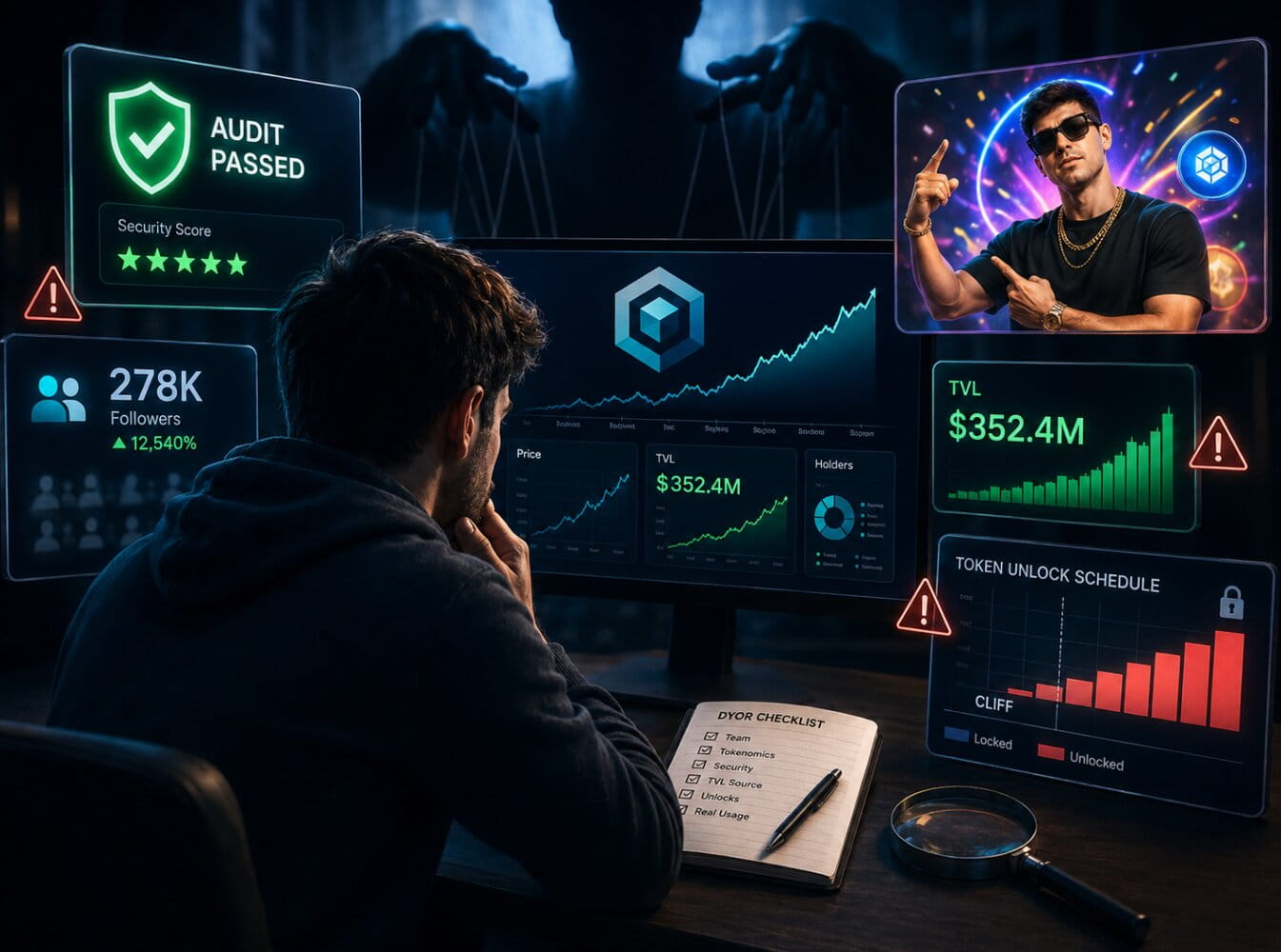 A crypto investor is surrounded by misleading DYOR signals: weak and useless audit badges, fake followers, inflated TVL, influencer hype, and ignored token unlock warnings.
