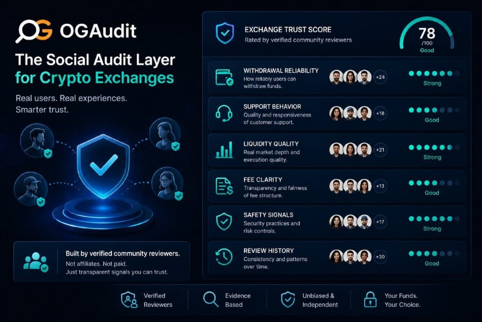 OGAudit social audit layer reviewing crypto exchange trust signals.