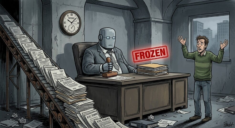 5Alt text Dark cartoon of a blank bureaucrat freezing a user's account with endless KYC document loops and a red frozen stamp-clean