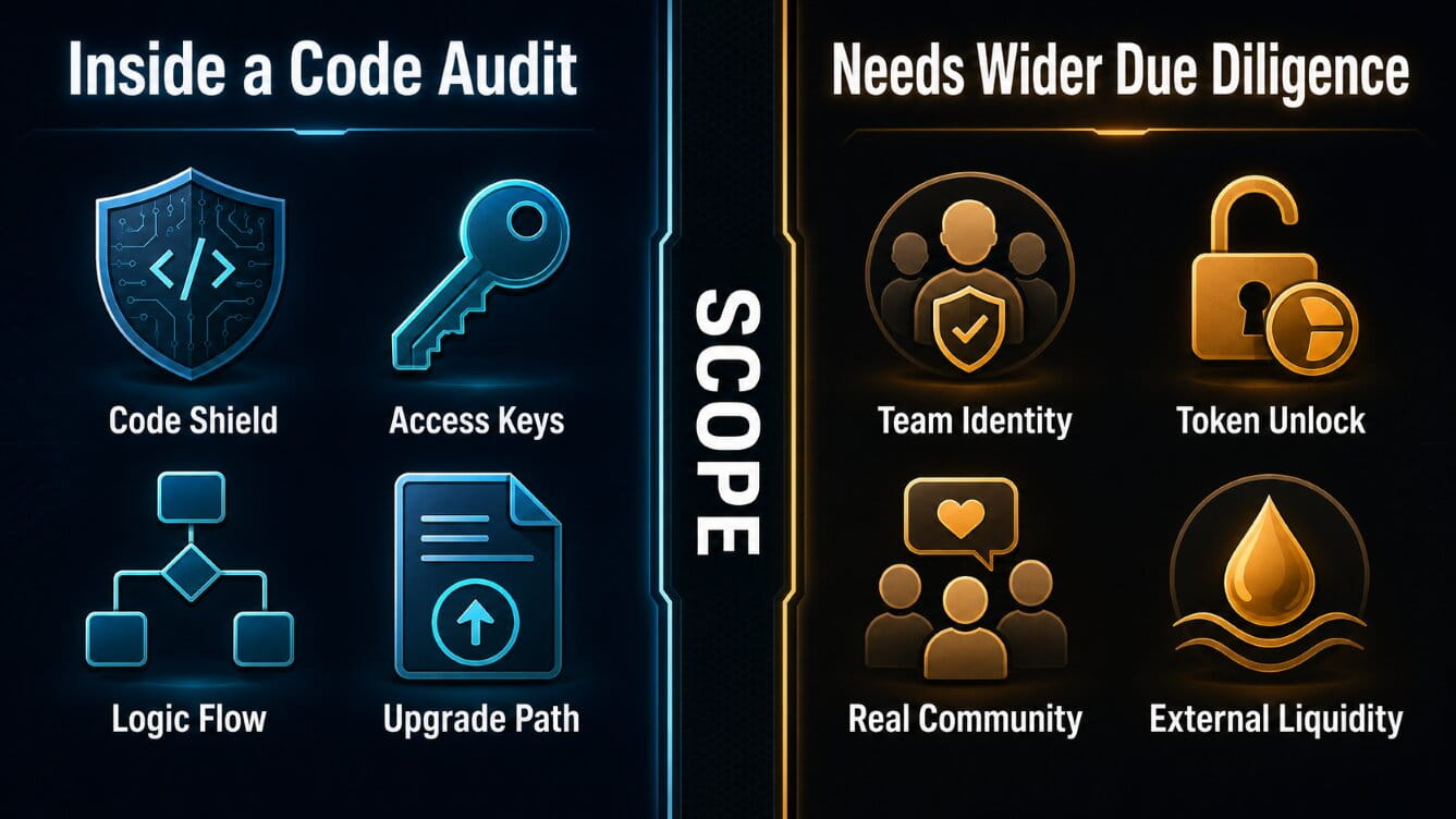 Infographic comparing risks inside a smart contract audit with risks requiring broader due diligence.
