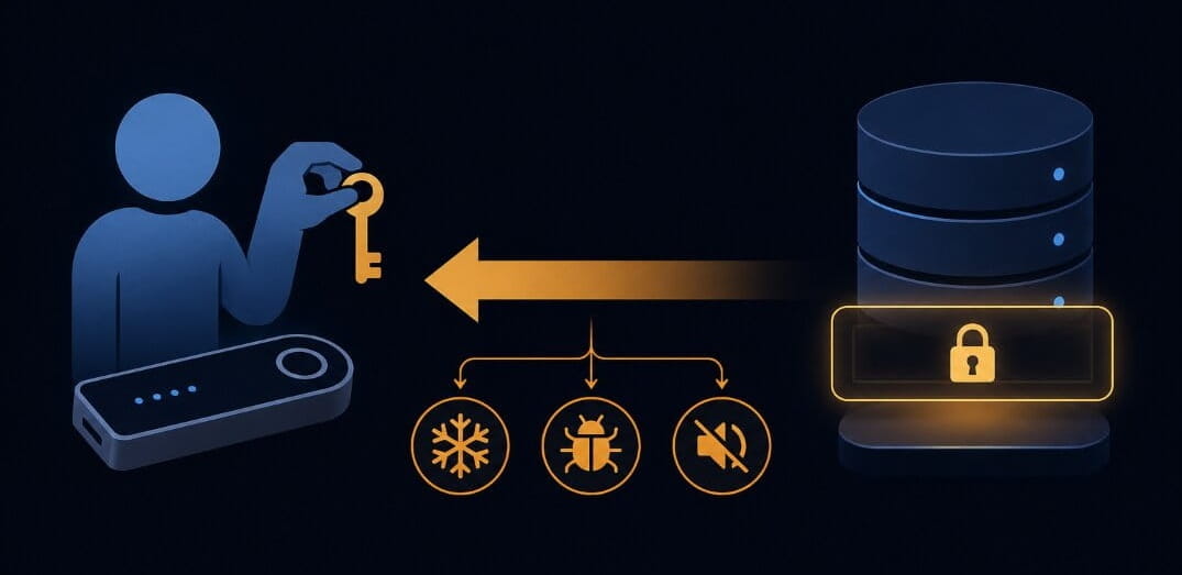 Infographic showing CEX custody risk chain from user deposit to three failure outcomes: freeze, exploit, silence