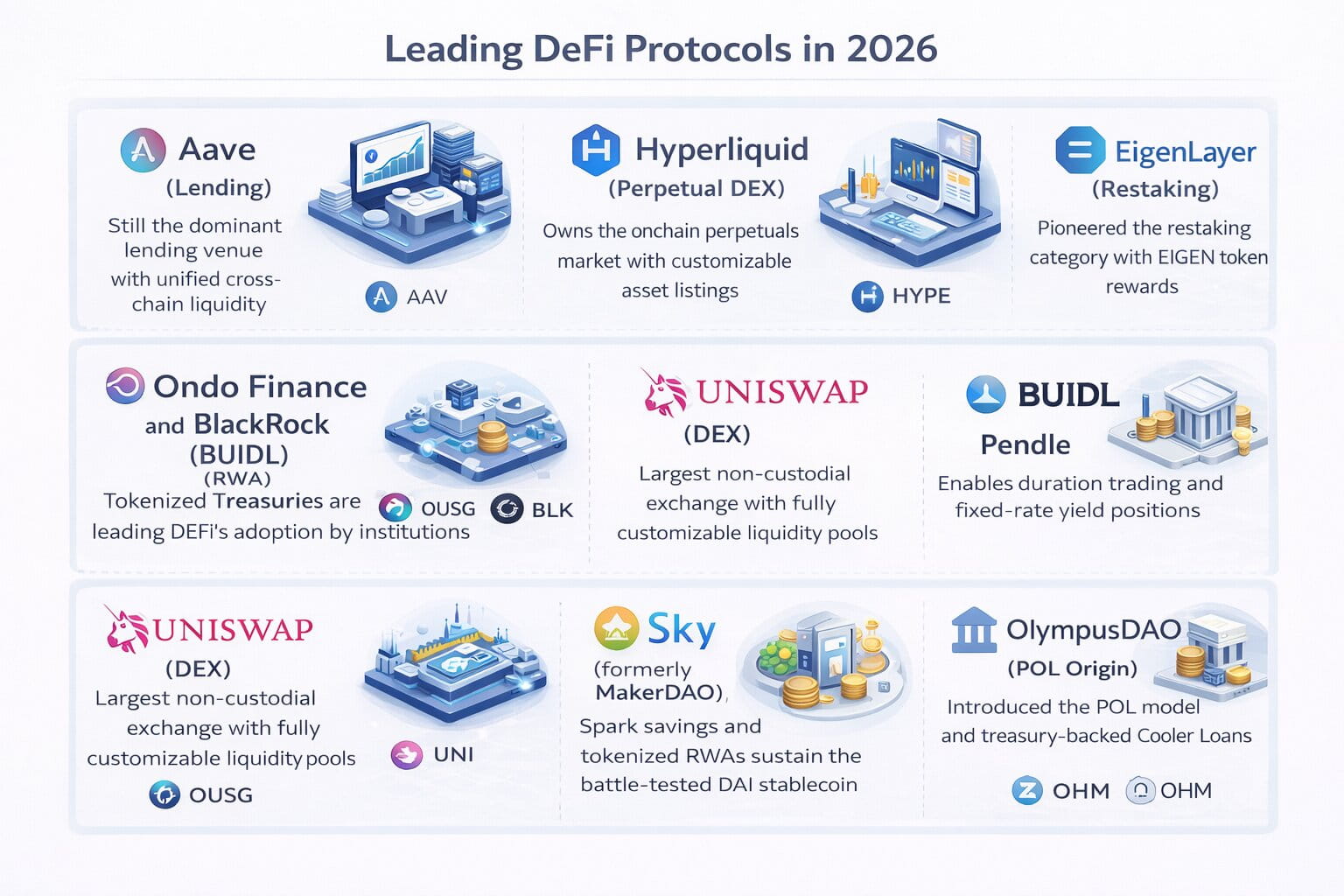 Top DeFi protocols in 2026 by category: lending, DEX, restaking, RWA, stablecoins namely: aave, hyperliquid, eigencloud, ondo, blackrock, uniswap, pendle, sky (makerdao), olympusDAO 