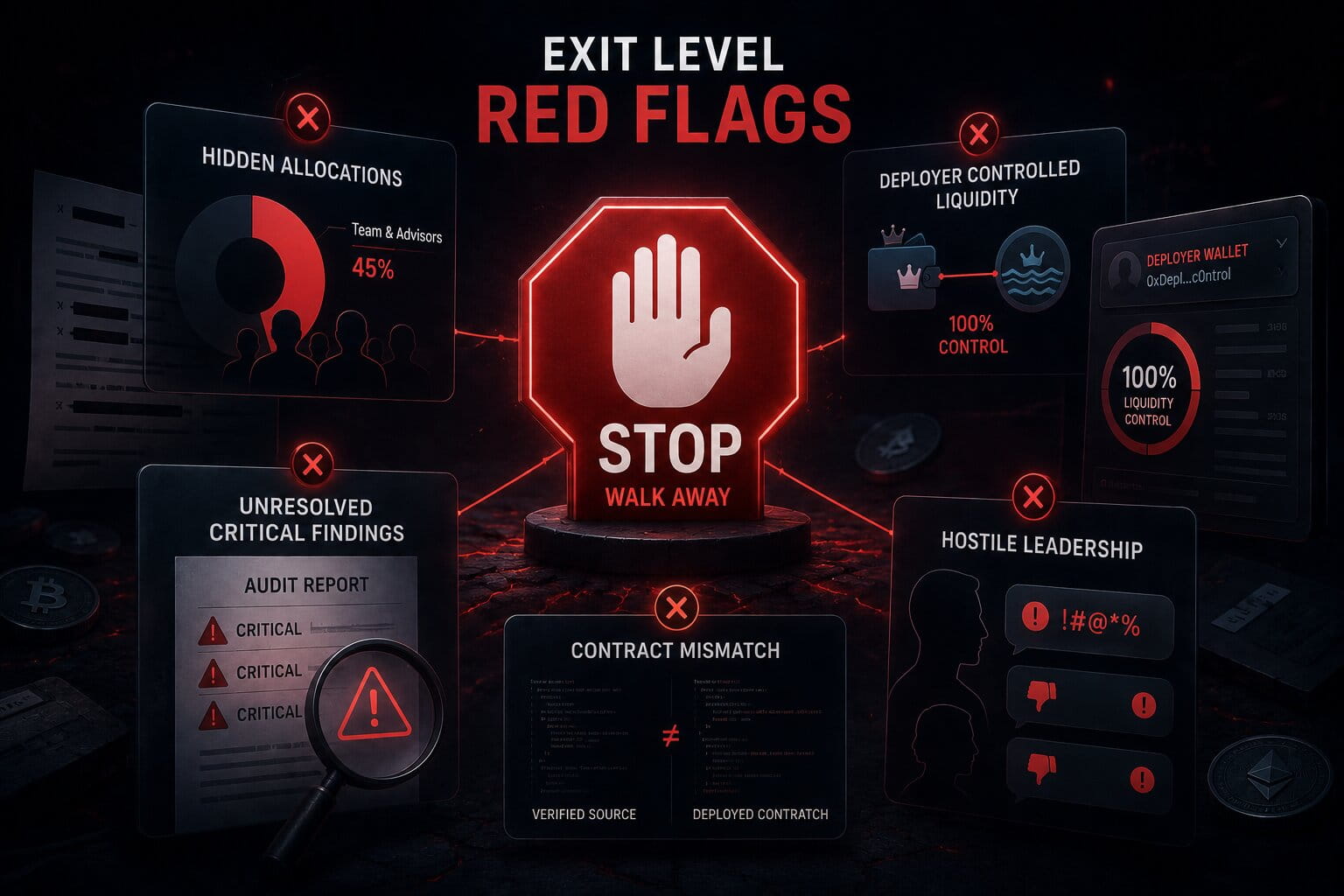 A bold warning image highlights critical crypto red flags that should immediately stop further trust.