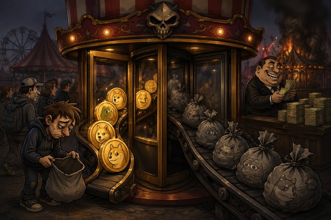Dark cartoon of crypto token listing carnival revolving door, coins enter gold and exit worthless while exchange owner profits