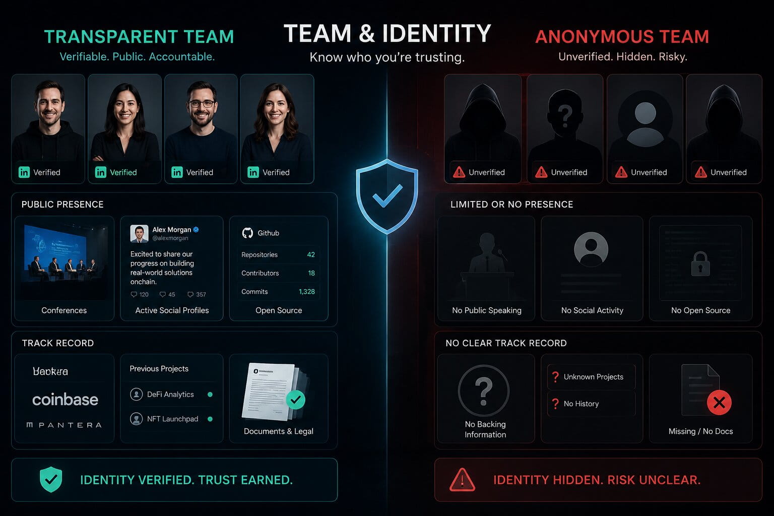 An editorial image contrasts a transparent crypto team with a suspicious anonymous founding group.