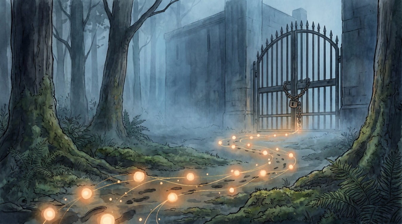 Editorial illustration of a clear blockchain trail ending at a locked institutional gate, representing crypto theft recovery last-mile failure