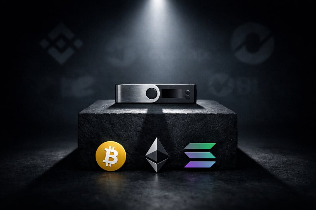 3D hardware wallet on dark pedestal with faded ghost exchange logos behind it, representing self-custody as the only counterparty-free option