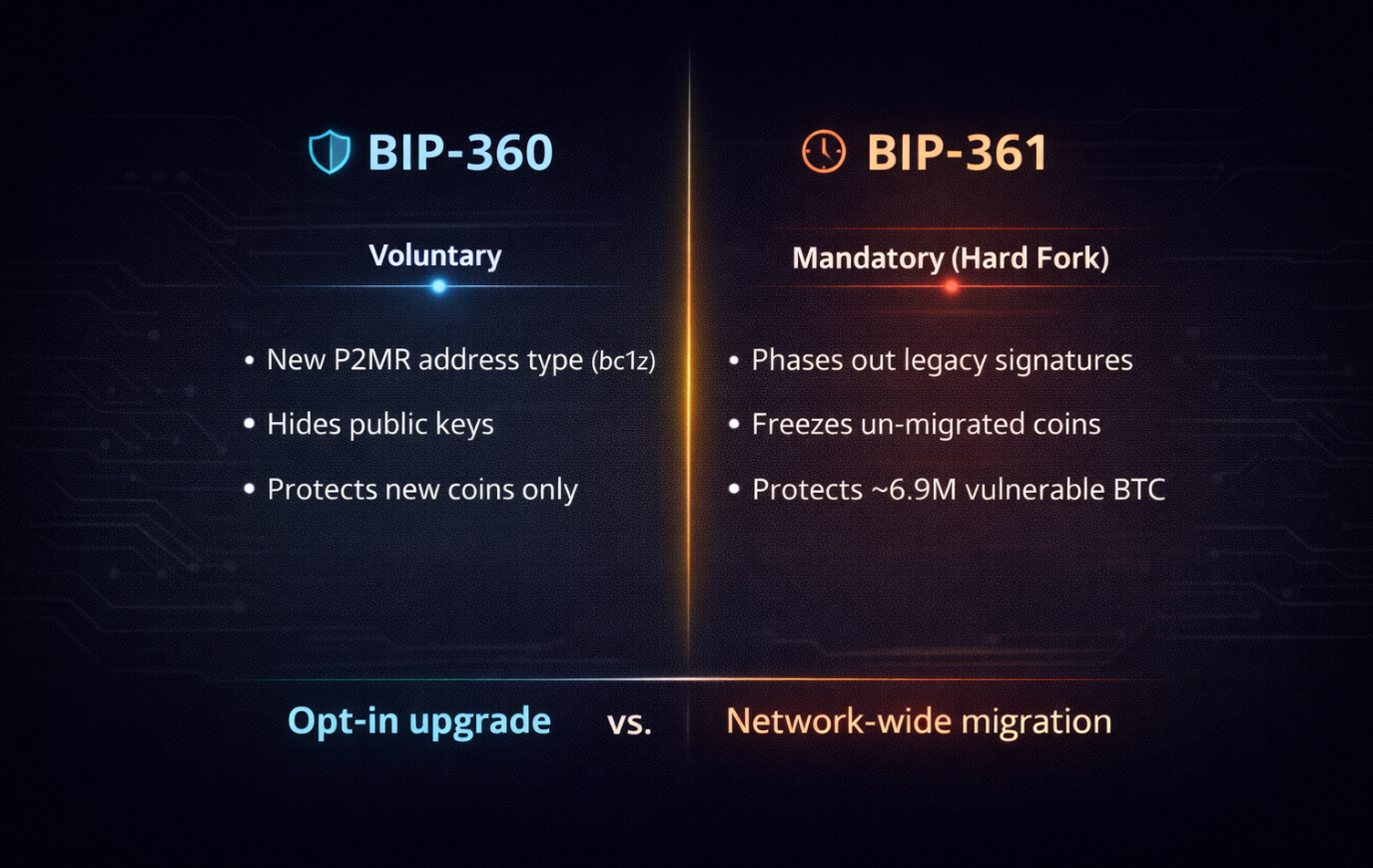 Minimal comparison of Bitcoin BIP-360 voluntary quantum-resistant upgrade versus BIP-361 mandatory migration proposal.