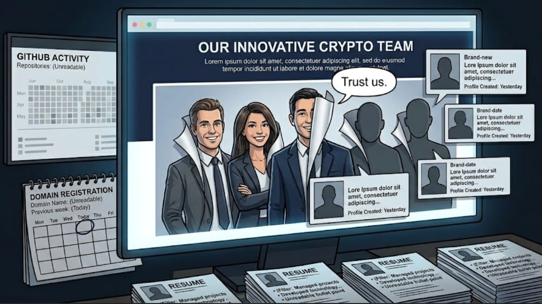 text: Illustration of a polished crypto team page hiding fresh identities, empty history, and unverifiable profiles.