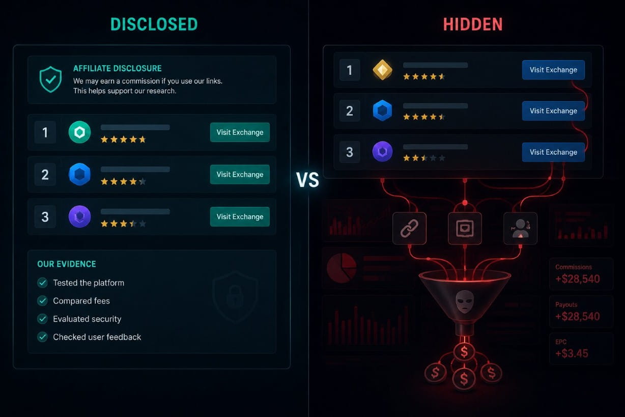 Comparison of transparent affiliate disclosure and hidden influence in crypto reviews.