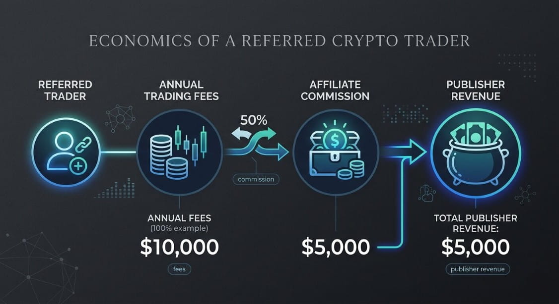 Simple affiliate commission flow showing how trading fees can generate publisher revenue.