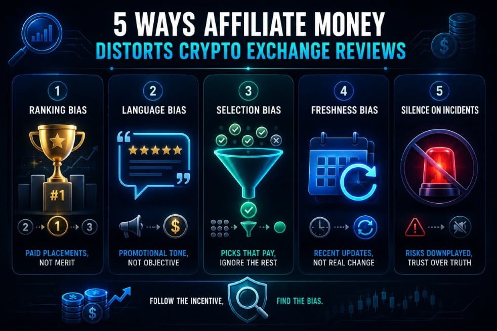 Five affiliate bias patterns that can distort crypto exchange reviews.