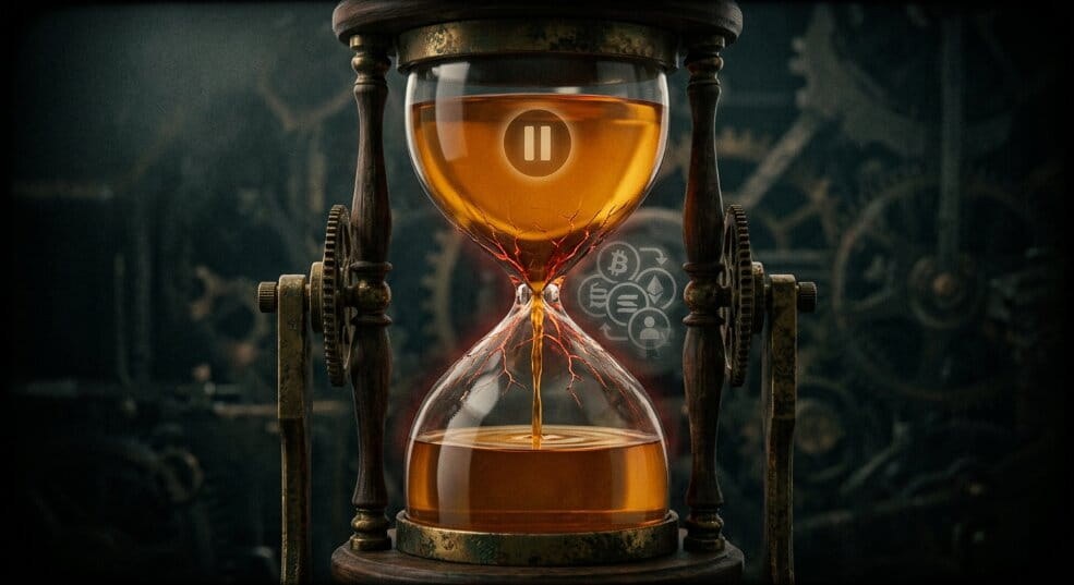 Animated hourglass with paused liquid flow and cracks forming, representing crypto exchange withdrawal freeze pre-collapse signal