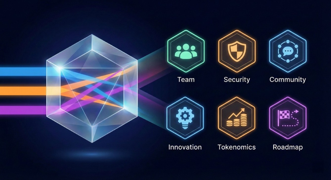 An infographic illustrating the 6 pillars of the OG Score with icons representing Innovation, Security, Community, Tokenomics, Team, and Roadmap.