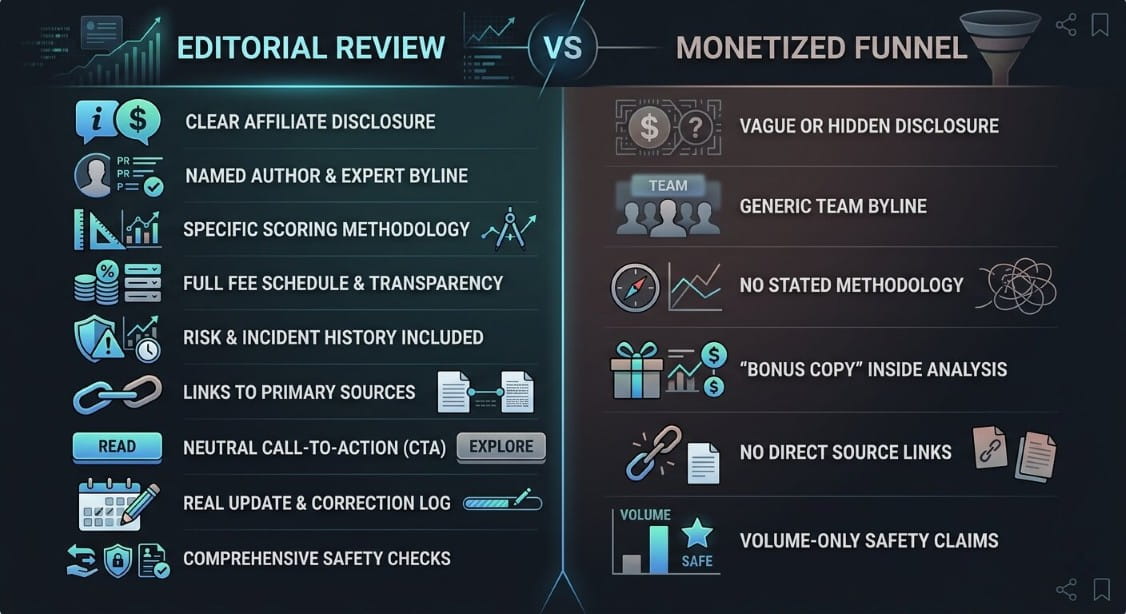 Comparison checklist showing an editorial crypto exchange review versus a monetized funnel.