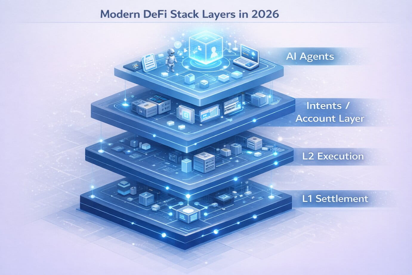 Modern DeFi stack layers in 2026: settlement, execution, intents, and AI agents