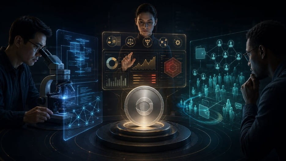 Three analysts inspect the same crypto token through code, rating data, and community behavior.