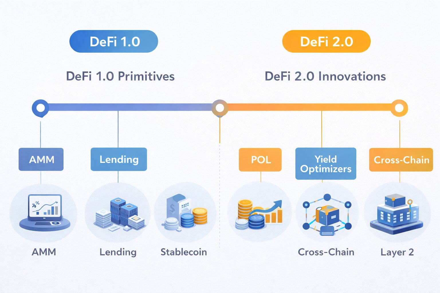 Timeline comparing DeFi 1.0 and DeFi 2.0 core innovations