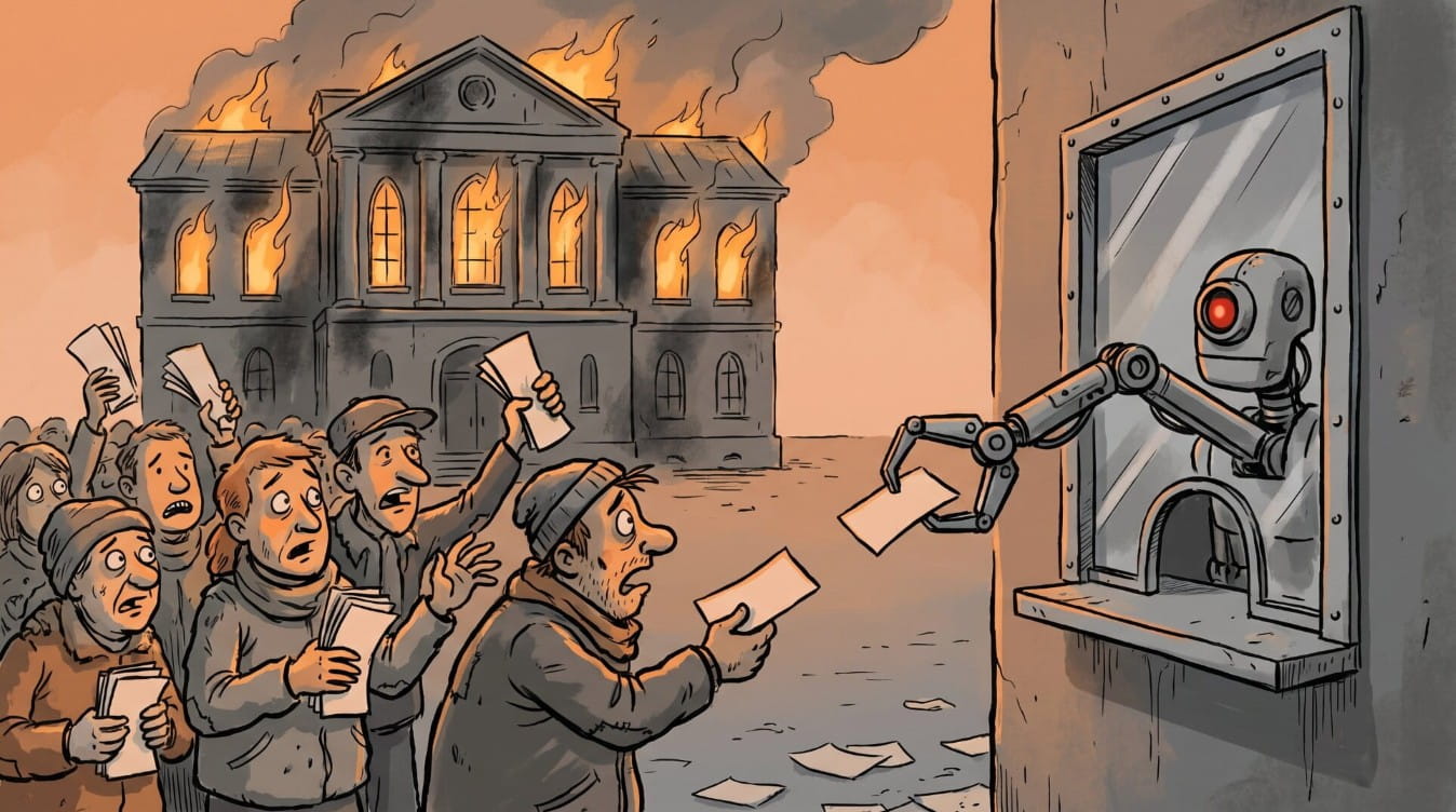 Dark editorial cartoon of robotic auto-reply support window serving panicking users while exchange building burns behind it