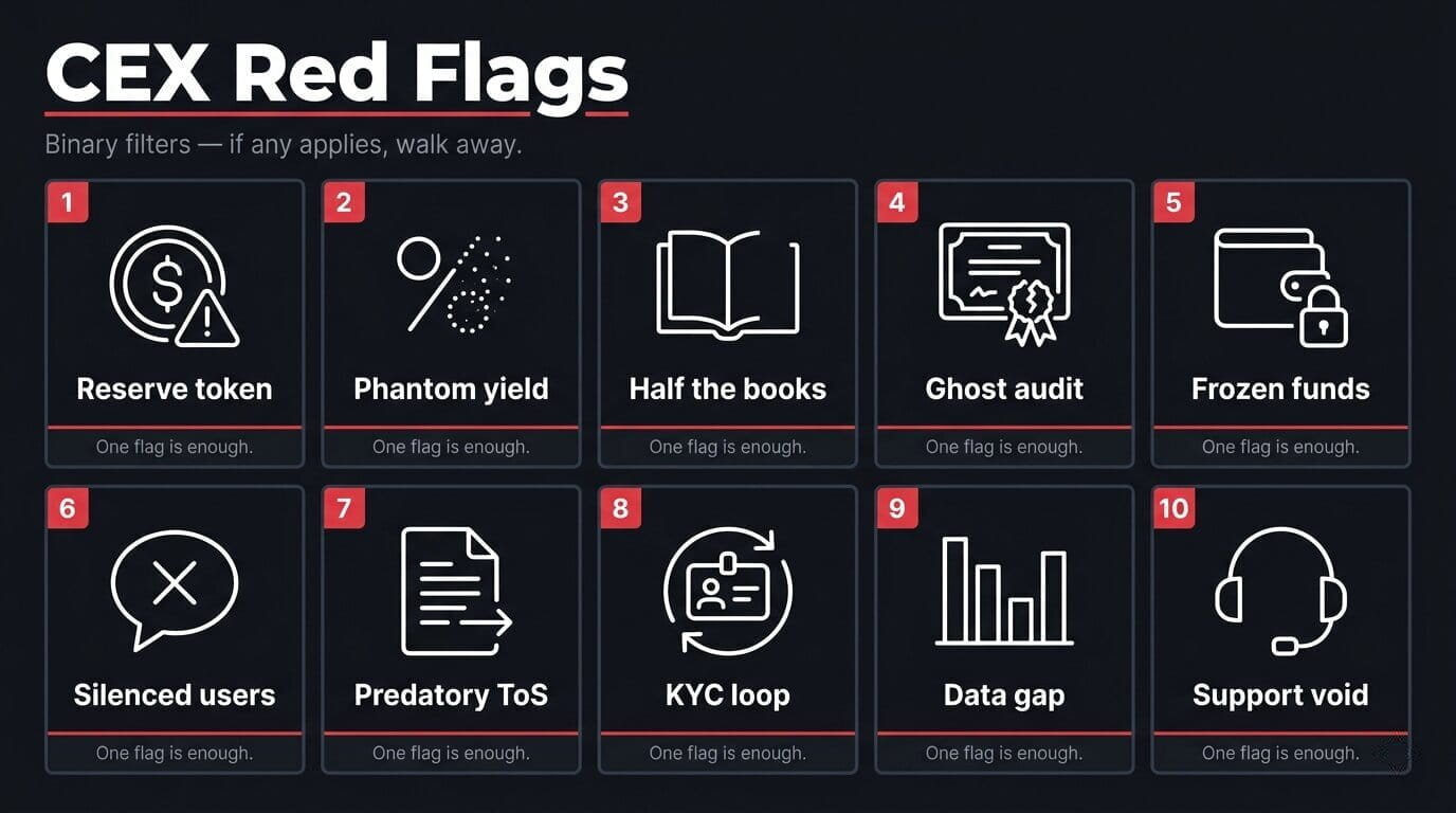 Alt text: Dark infographic showing 10 crypto exchange red flags arranged in a 5x2 grid of warning cards. Each card contains a minimalist white stroke icon and a 2-word label. Row 1: Reserve Token, Phantom Yield, Half the Books, Ghost Audit, Frozen Funds. Row 2: Silenced Users, Predatory ToS, KYC Loop, Data Gap, Support Void. Title reads CEX Red Flags with red underline. Footer reads One flag is enough.