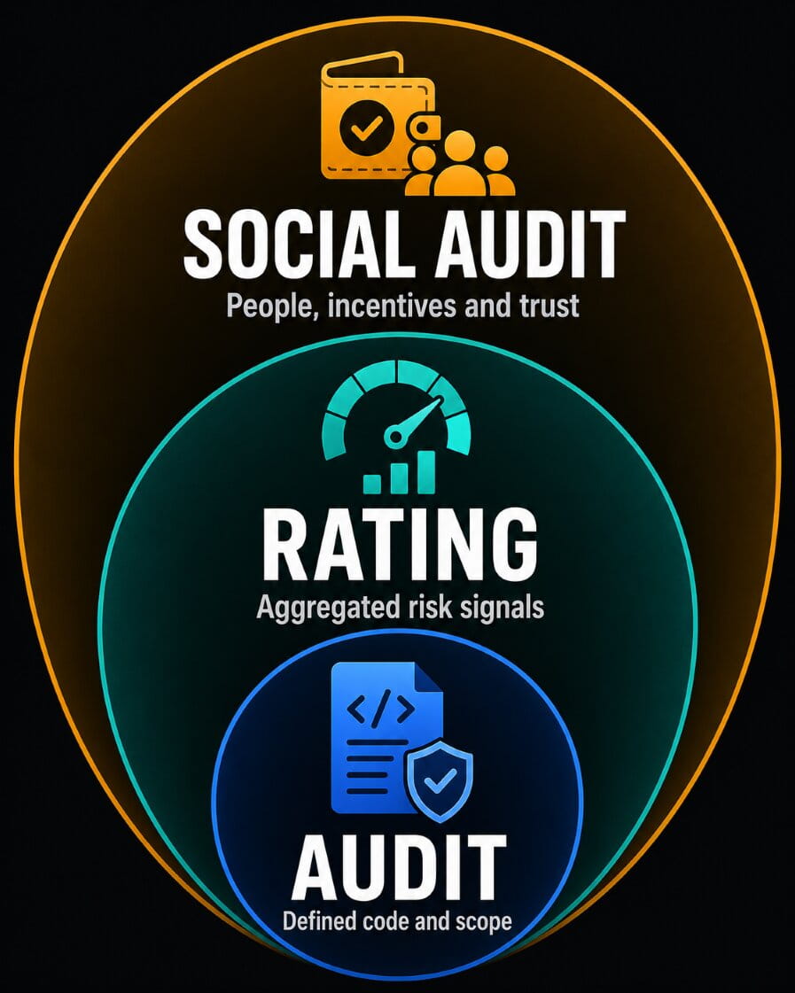 Three layers compare code audits, public ratings, and social audits by the questions they answer.