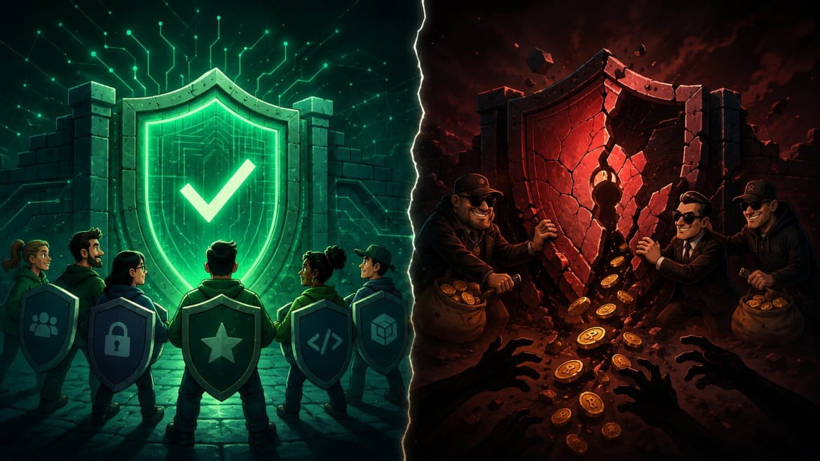 Cartoon comparison showing a community protecting a secure crypto shield on the left, while paid agents guard a cracked shield as funds escape on the right.