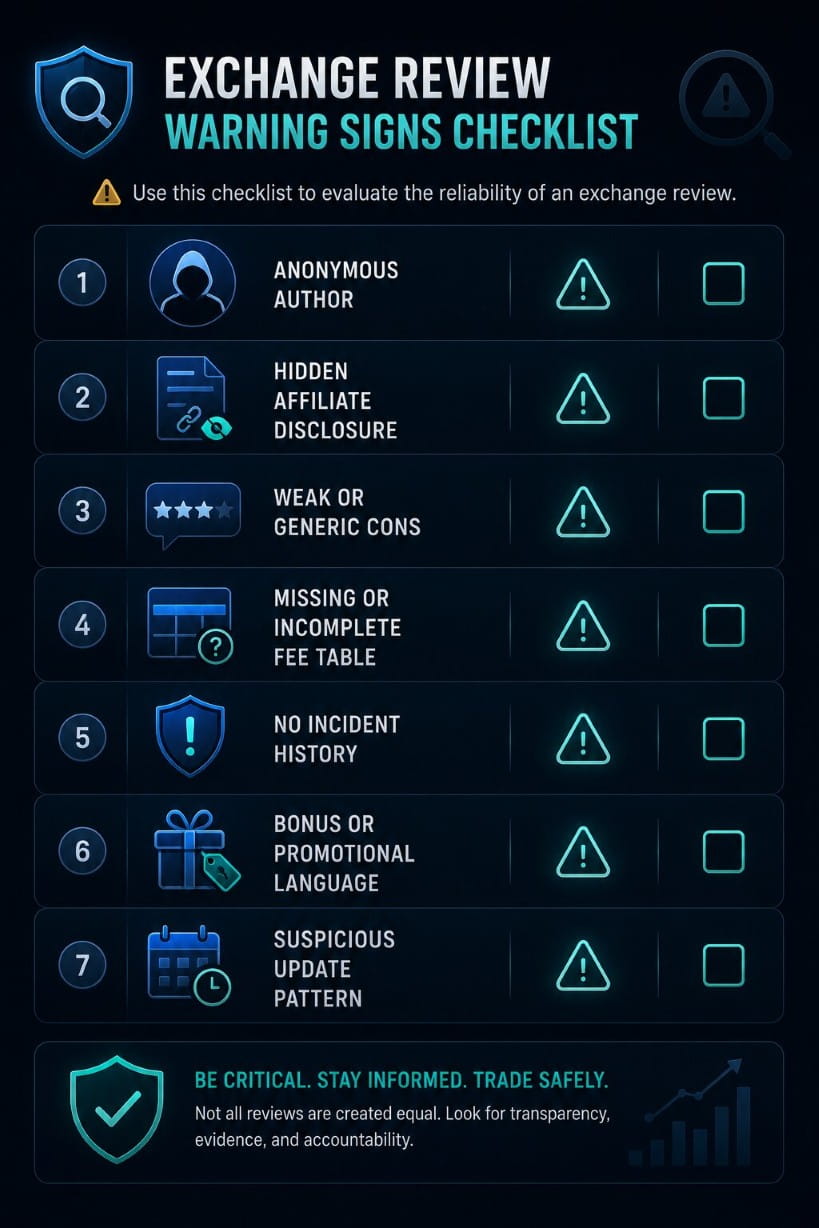 Checklist of red flags in a crypto exchange review.