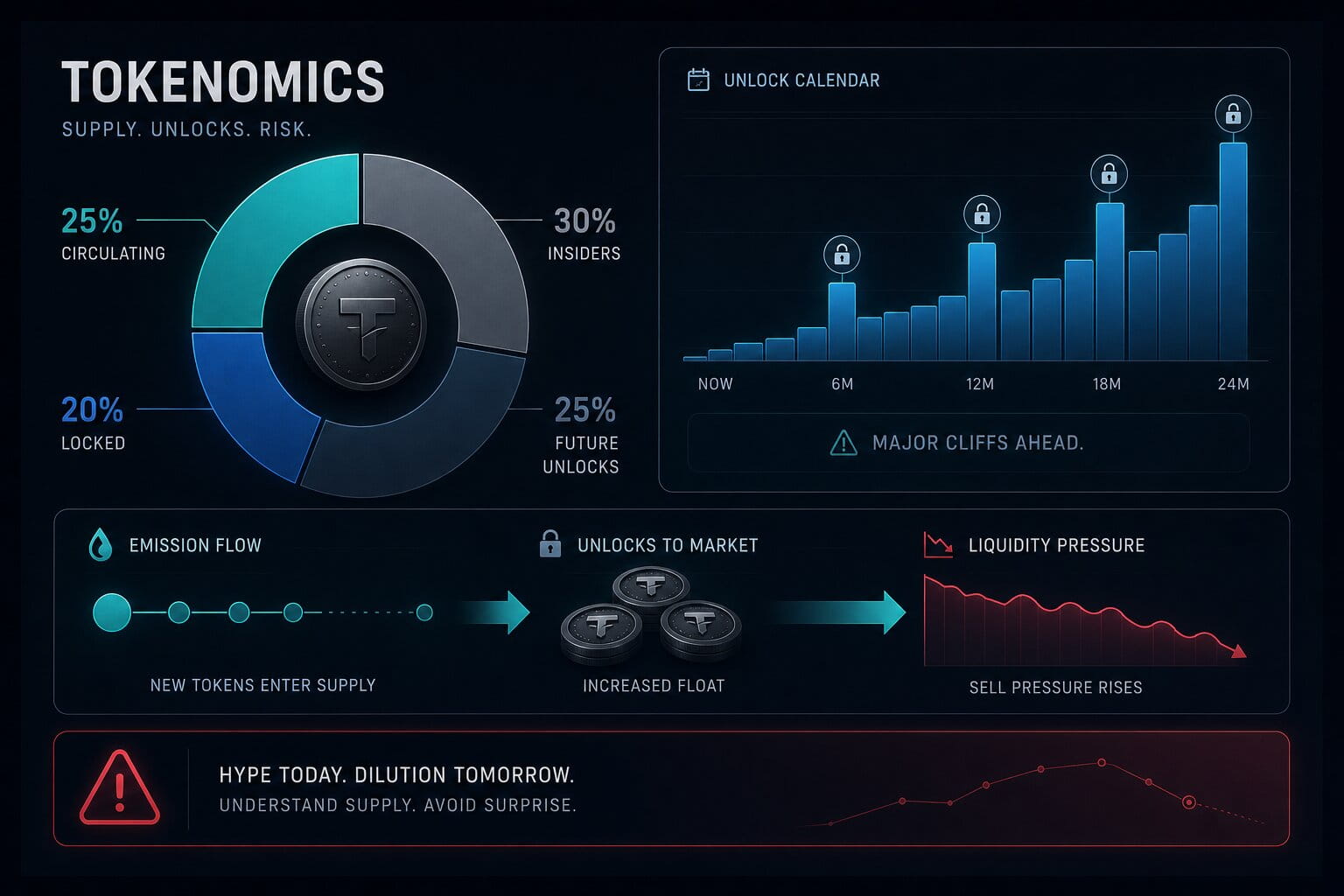 A tokenomics illustration highlights circulating supply, locked tokens, insider allocation, and future unlock risk.