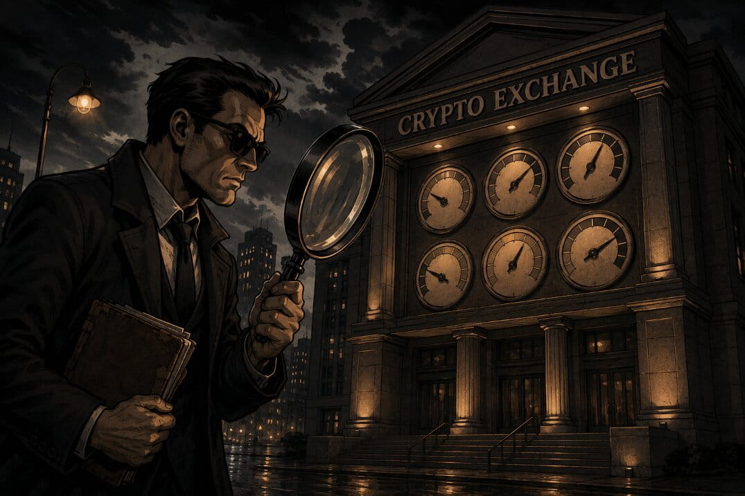 Editorial cartoon of a crypto OG detective auditing an exchange building through a magnifying glass with six scoring gauges on the facade