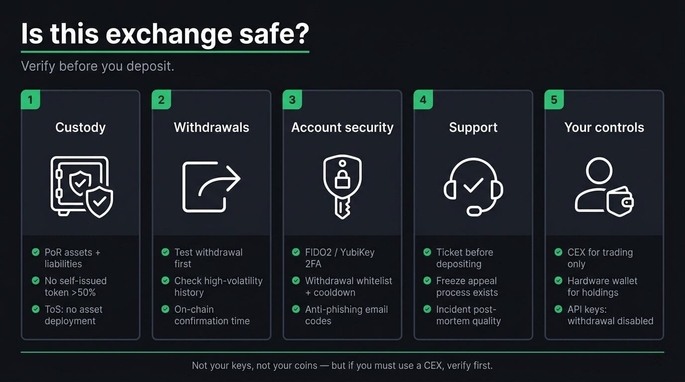 Infographic: 5-column CEX safety checklist covering custody, withdrawals,  account security, support, and user controls.