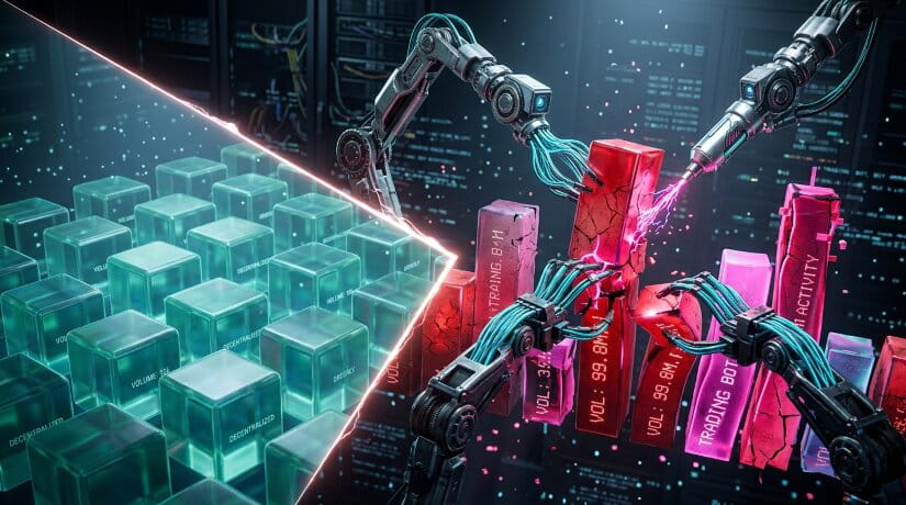 3D split image: left, clean green-blue blocks (healthy volume). Right, glitchy red-pink bars with robotic arms injecting fake data. Dark server room, fog, motion blur.