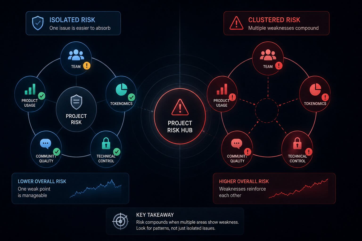 A hub style infographic shows how weaknesses across multiple categories combine into a higher risk cluster.