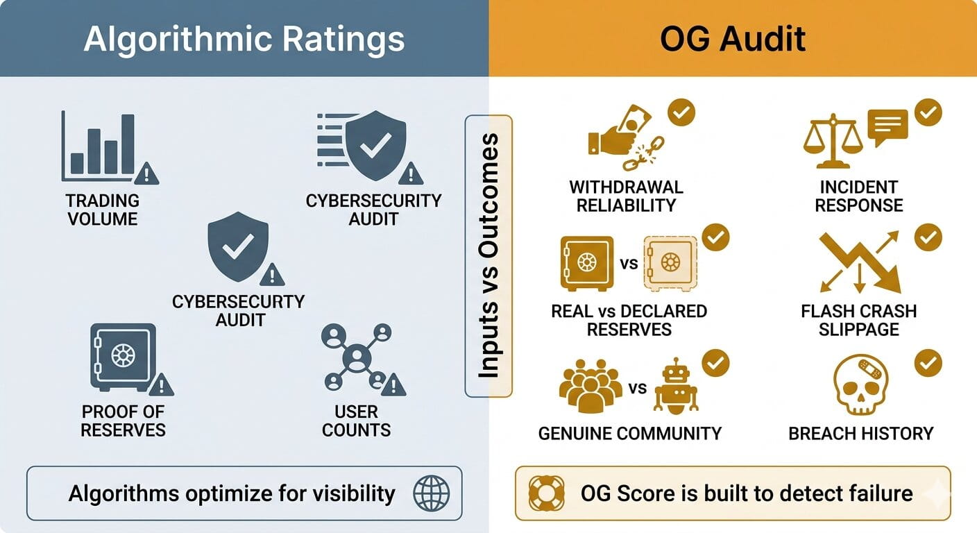 Infographic comparing Algorithmic Ratings with OG Audit (gold, checkmarks) &mdash; highlighting the difference between measuring easy-to-count inputs versus real user-cost outcomes, with a center divider "Inputs vs. Outcomes