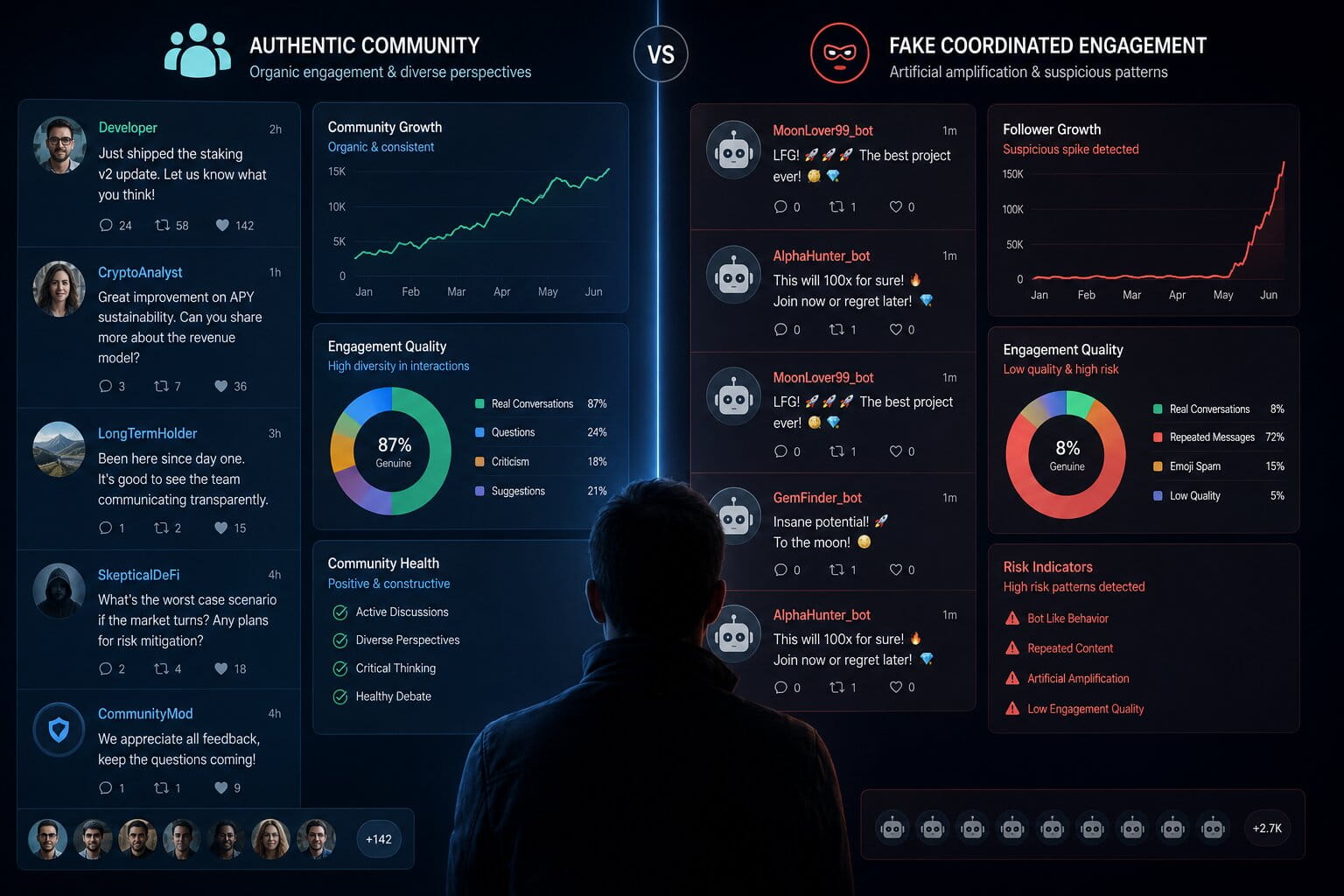 A split visual contrasts authentic crypto community interaction with suspicious bot driven engagement.