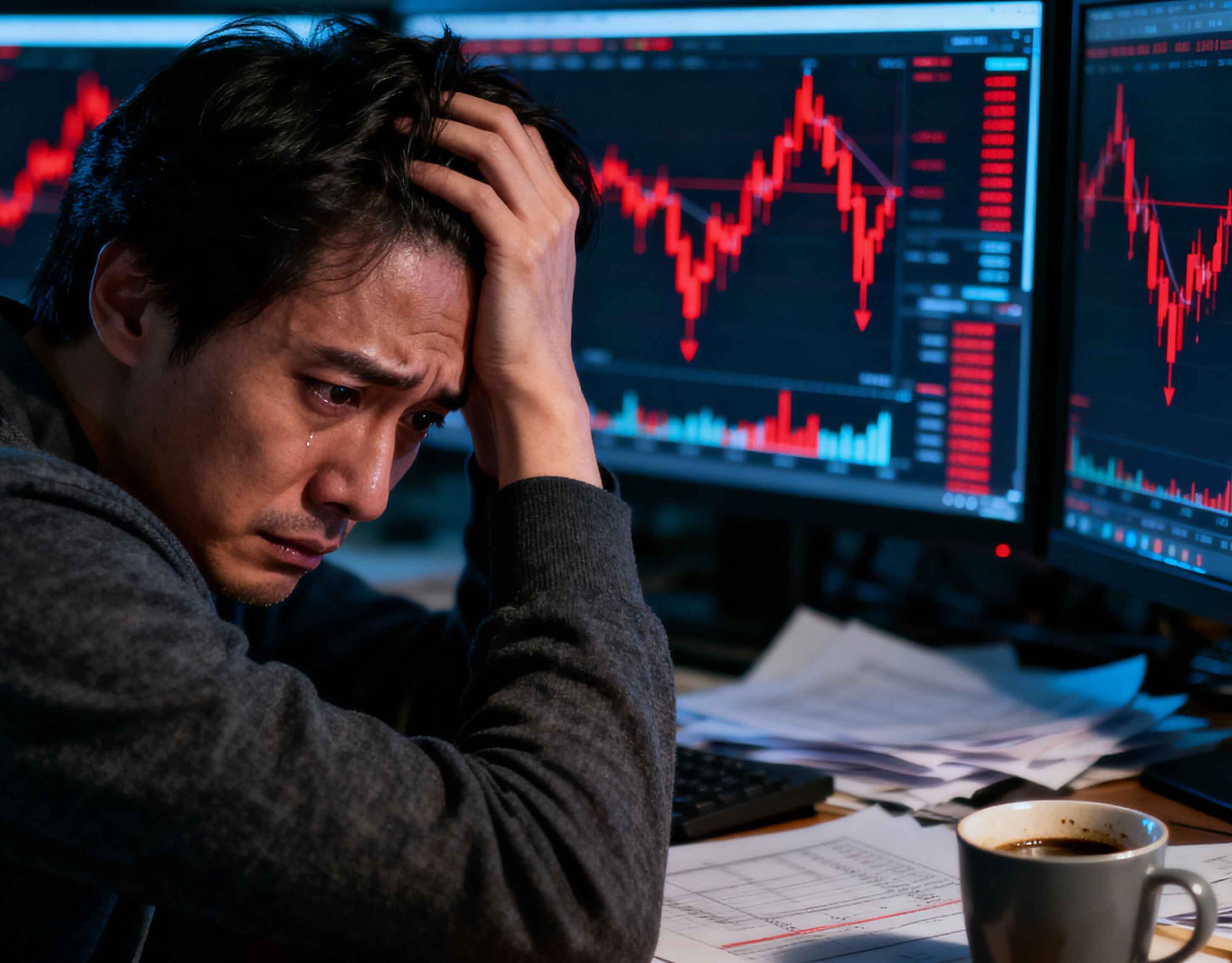 a margin trader thoughtful, red candles on the screen