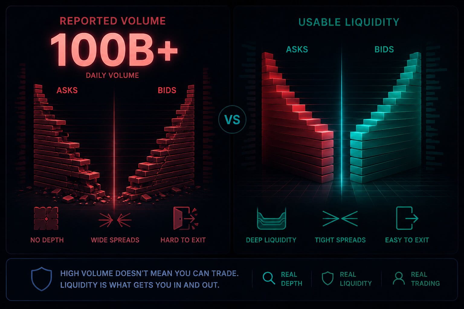 Reported crypto trading volume compared with real usable liquidity.
