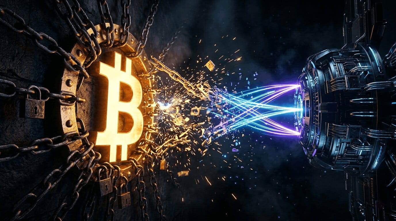 Quantum computer qubits threatening Bitcoin blockchain cryptographic security, conceptual illustration
