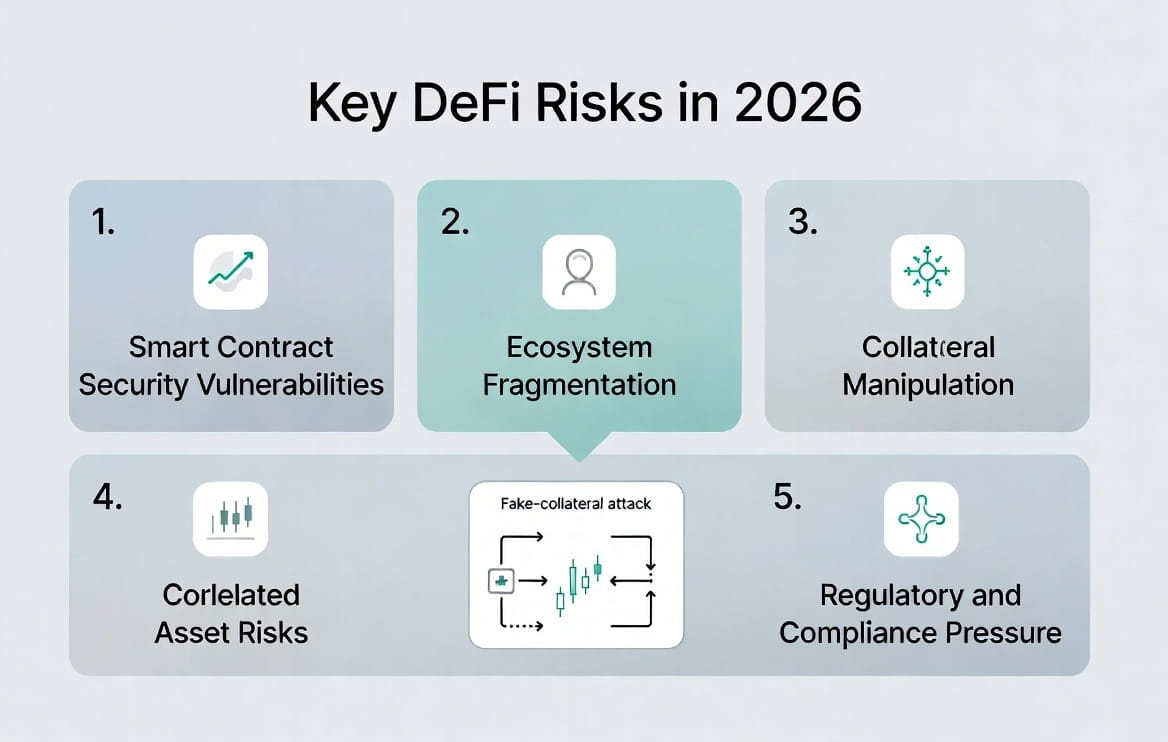 Key DeFi risks in 2026 including security, fragmentation, correlated risk, collateral manipulation, and regulatory pressure